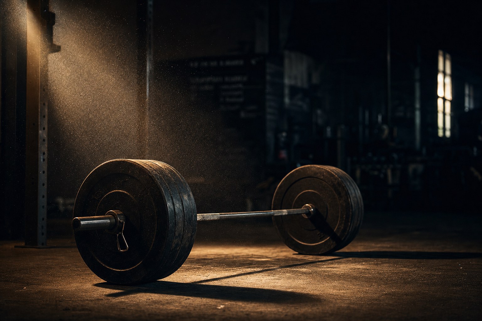 A dim weight room lit by dramatic side lighting, with a loaded barbell resting on the floor and chalk dust drifting through the air.